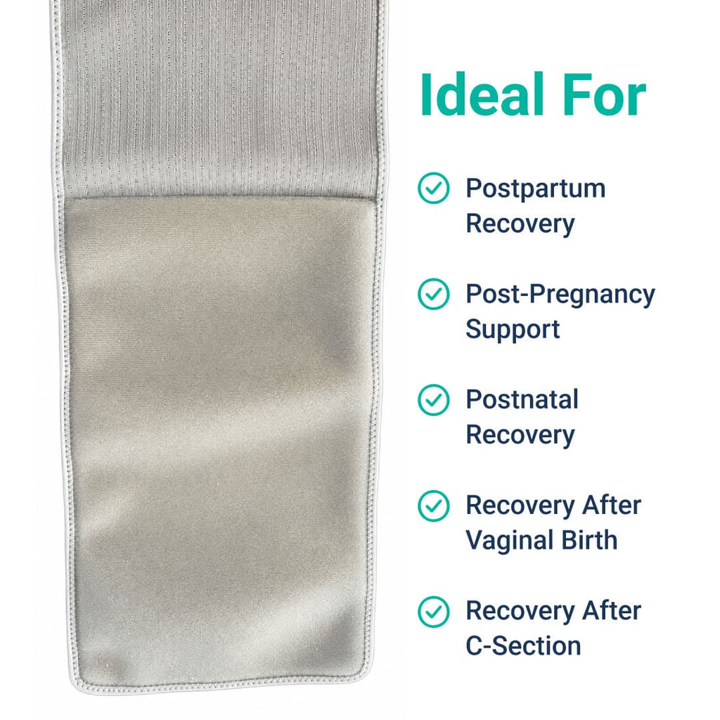 Close-up view of the smooth, soft inner lining of the SUPEAK Postpartum Belly Band. Text lists ideal uses including Postpartum Recovery, Post-Pregnancy Support, and Recovery After Vaginal Birth or C-Section.