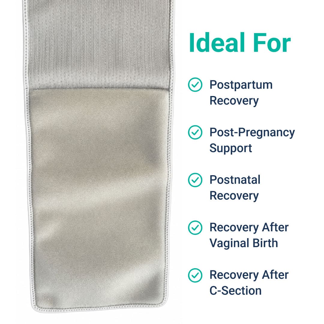 Close-up view of the smooth, soft inner lining of the SUPEAK Postpartum Belly Band. Text lists ideal uses including Postpartum Recovery, Post-Pregnancy Support, and Recovery After Vaginal Birth or C-Section.