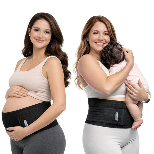 Side-by-side comparison of the SUPEAK 3-in-1 Maternity Belly Band being used for gentle belly lift and back pain relief during pregnancy, and as a core stability wrap for postpartum and C-section recovery after birth.