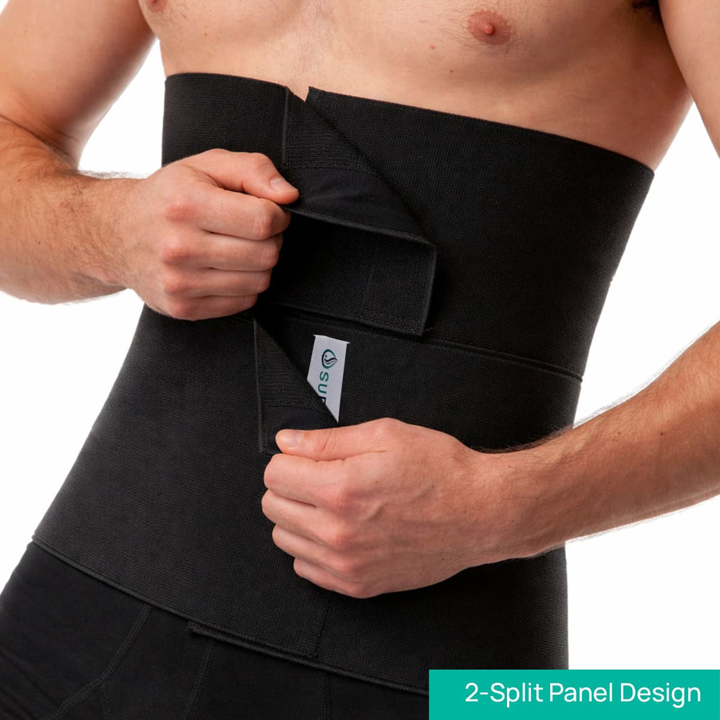 Close-up of the SUPEAK black 4-panel abdominal binder showing the adjustable 2x2 split panel fastener for custom medical-grade compression and post-op support.