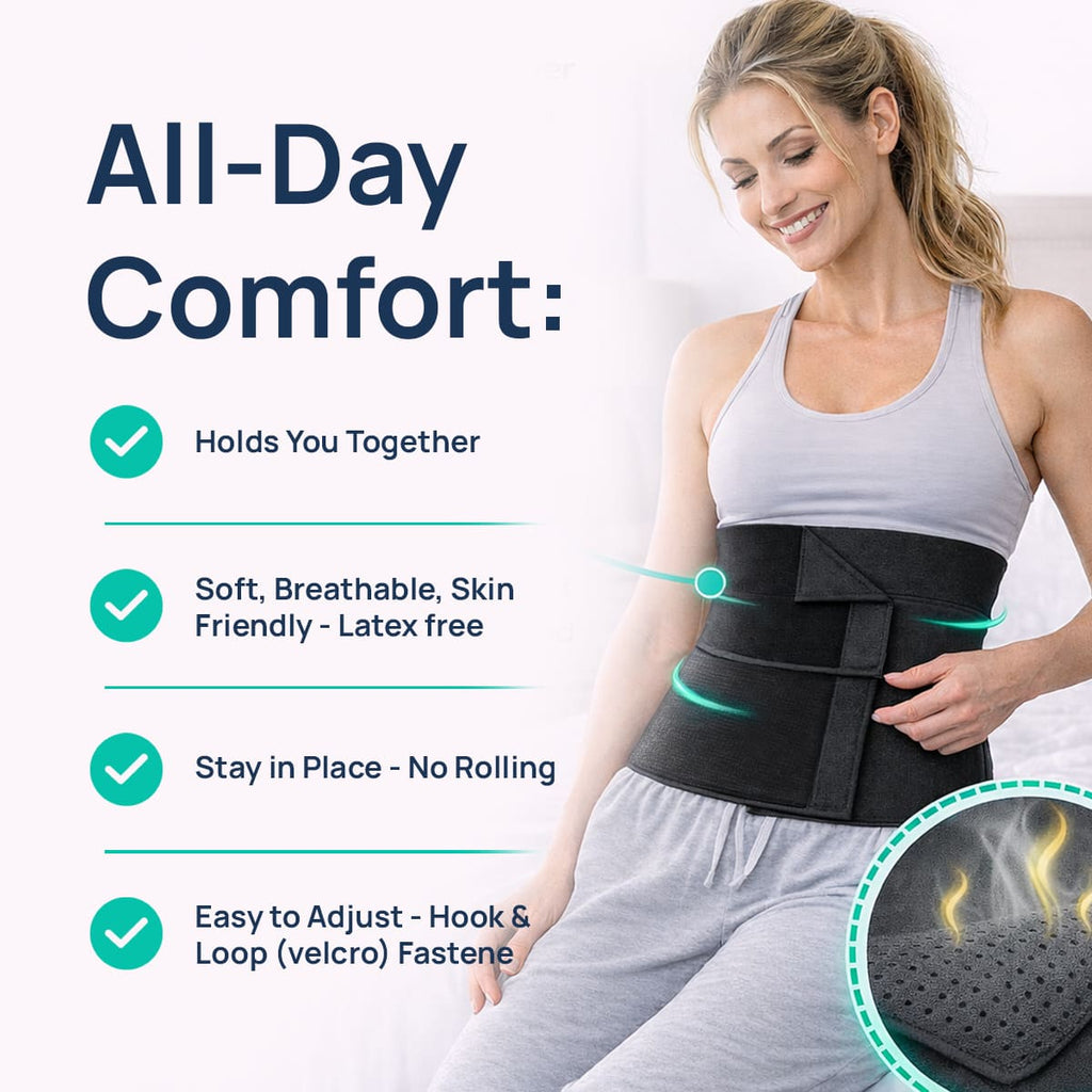 SUPEAK black 4-panel abdominal binder on a woman highlighting breathable latex-free fabric and anti-roll design for post-op comfort.