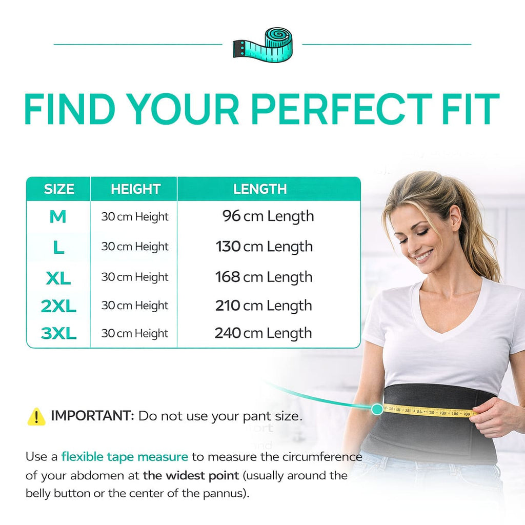 Sizing chart for SUPEAK abdominal binder ranging from M to 3XL with measurements for height and length in centimeters.