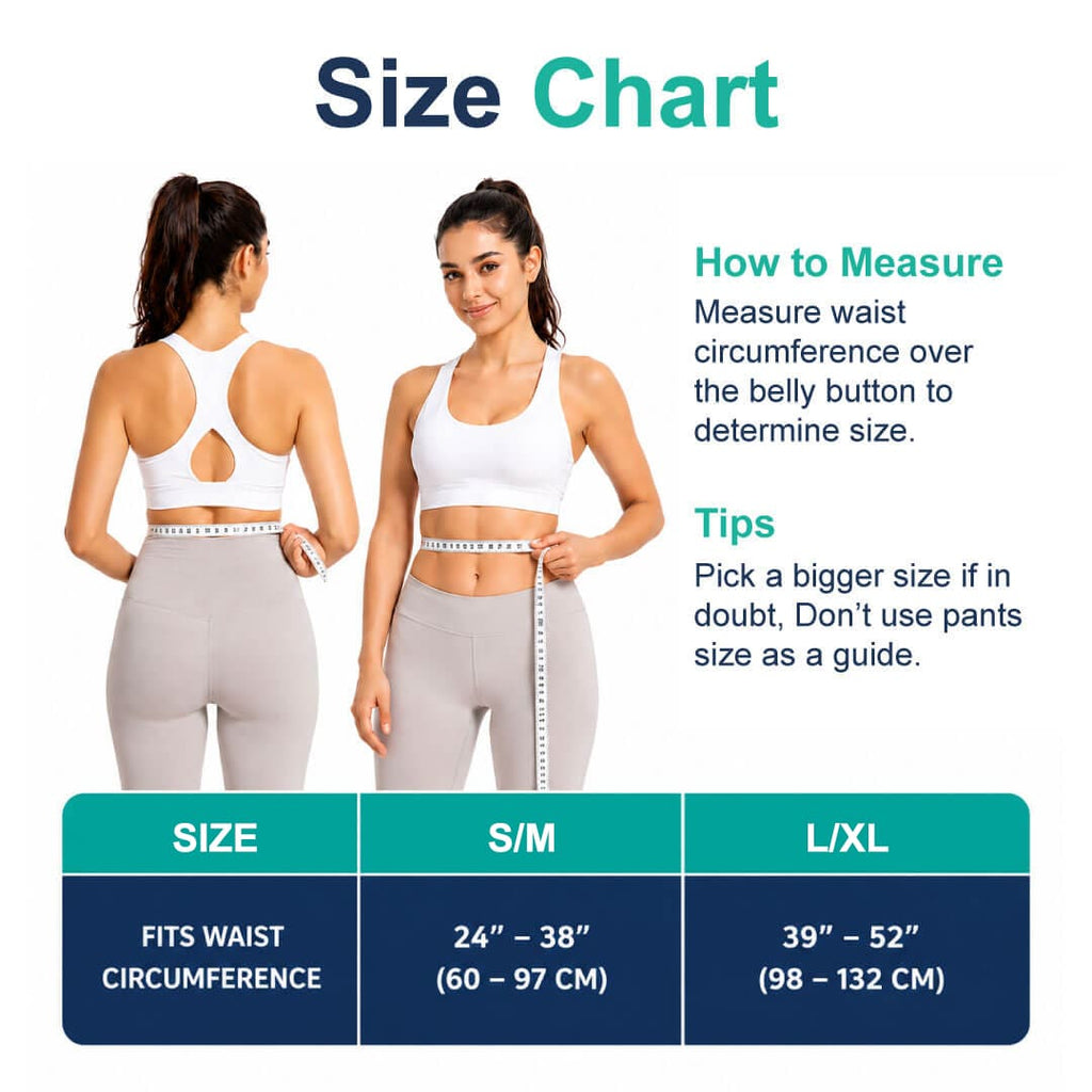 Size chart for the SUPEAK hernia belt demonstrating how to measure waist circumference.