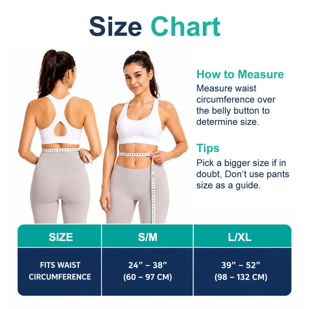 Size chart for the SUPEAK hernia belt demonstrating how to measure waist circumference.