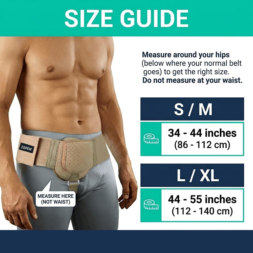 Size guide for the SUPEAK hernia belt showing how to measure around the hips. Includes sizing for Small/Medium spanning 34 to 44 inches, and Large/Extra Large spanning 44 to 55 inches.