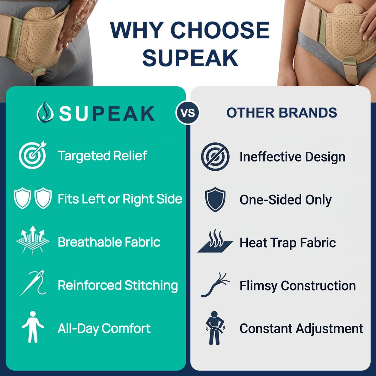 Comparison chart illustrating the benefits of the SUPEAK hernia belt over other brands, emphasizing its targeted relief, breathable fabric, reinforced stitching, and ability to fit either the left or right side.