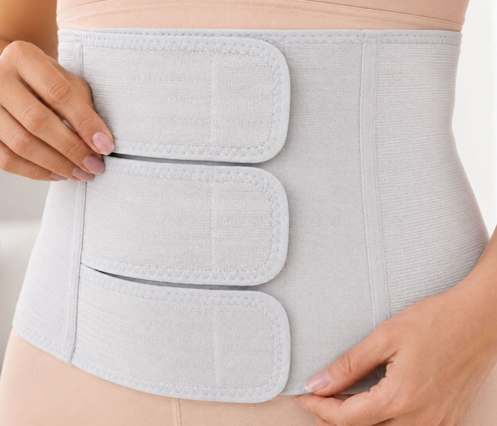 Close-up of a woman adjusting the middle strap of the grey SUPEAK Postpartum Belly Band, showcasing its three adjustable compression panels wrapped around the waist.