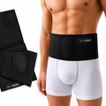 Man wearing SUPEAK umbilical hernia belt with adjustable medical compression pad.