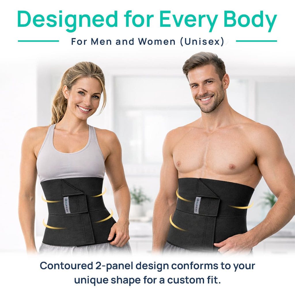 Unisex SUPEAK abdominal binder worn by a man and a woman demonstrating the contoured 2-panel design for custom fit on all body types.