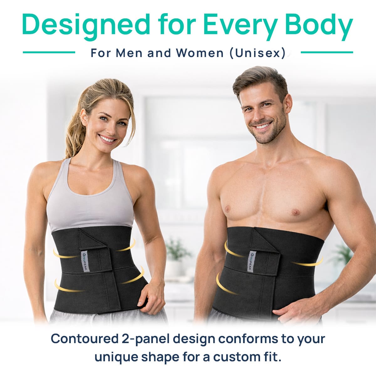 Unisex SUPEAK abdominal binder worn by a man and a woman demonstrating the contoured 2-panel design for custom fit on all body types.