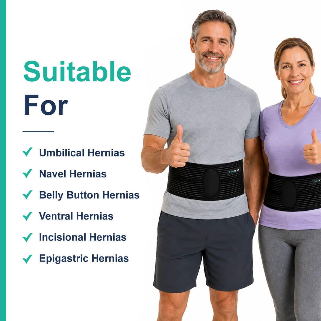 Male and female models wearing belts suitable for umbilical, navel, ventral, incisional, and epigastric hernias.