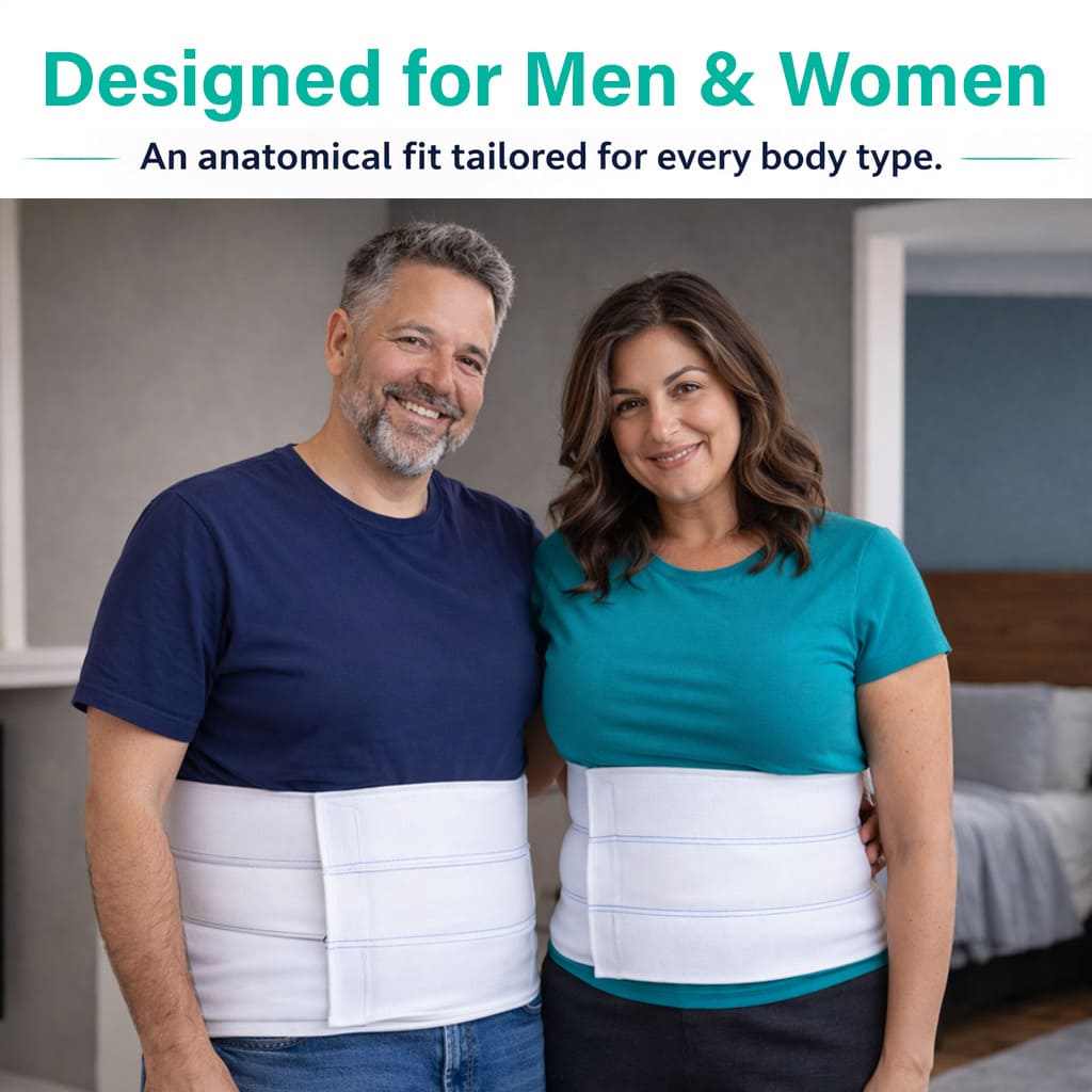 A man and woman both wearing the SUPEAK abdominal binder, demonstrating an anatomical fit for all body types.