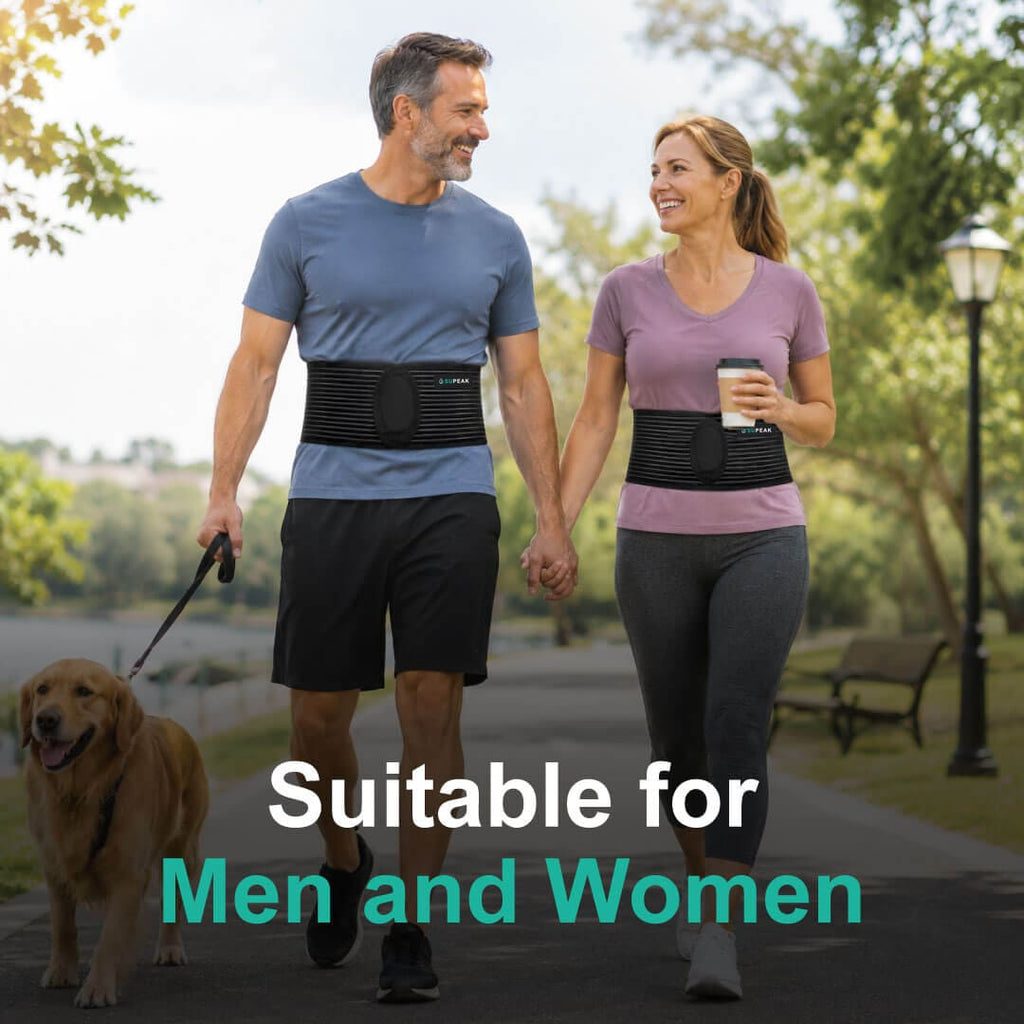 Couple walking a dog outdoors wearing unisex hernia belts for active lifestyle support.