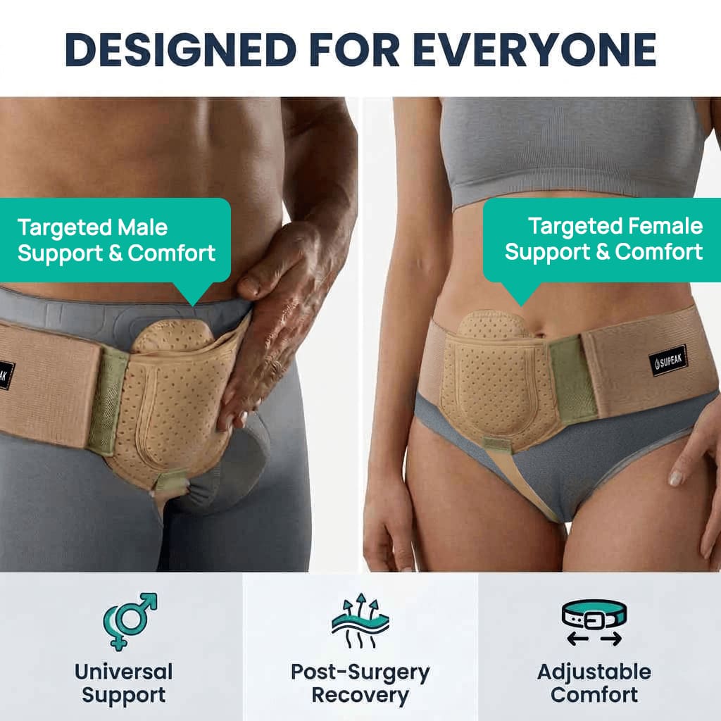 Side-by-side comparison of a man and a woman wearing the unisex SUPEAK hernia belt, highlighting its versatile design for targeted medical support and post-surgery recovery.