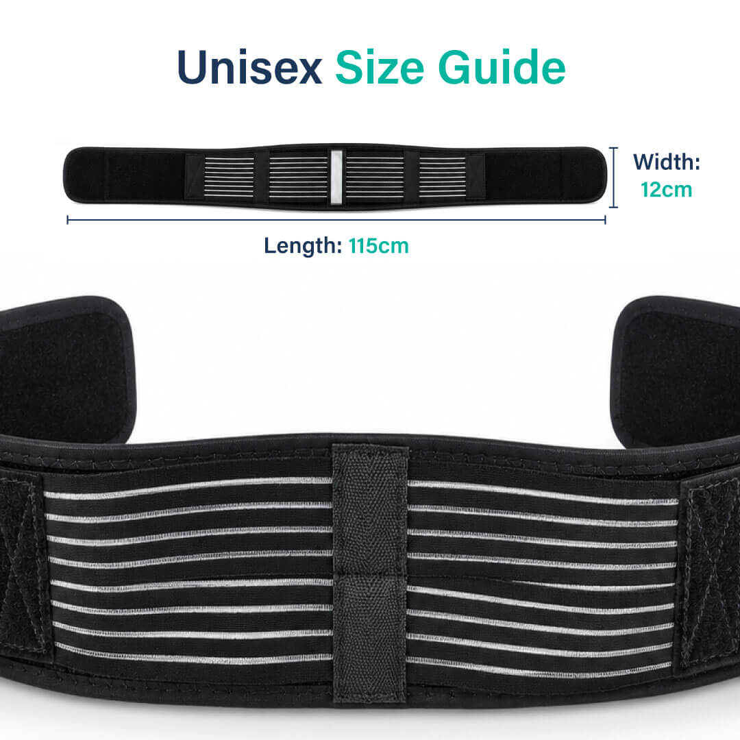 Unisex size guide for the black Sacroiliac (SI) joint belt laid flat, displaying a total length of 115cm and a width of 12cm.