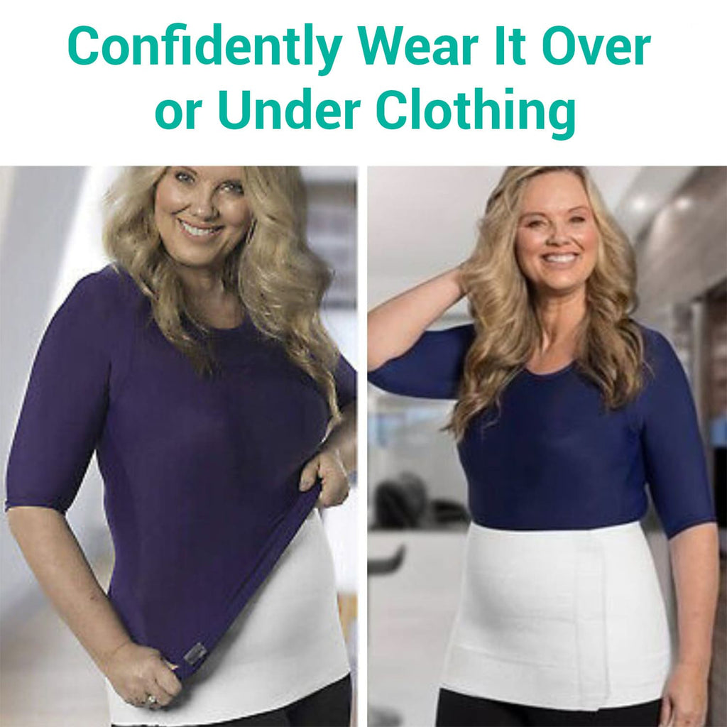 A demonstration of the slim-fit design of a plus-size abdominal binder being worn discreetly under everyday clothing for all-day support
