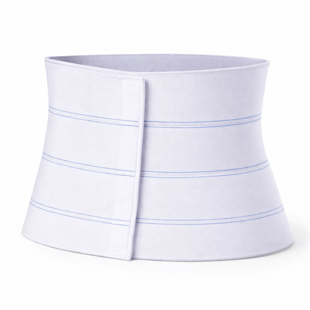 Front view of a white, multi-panel medical abdominal binder with adjustable velcro closure.
